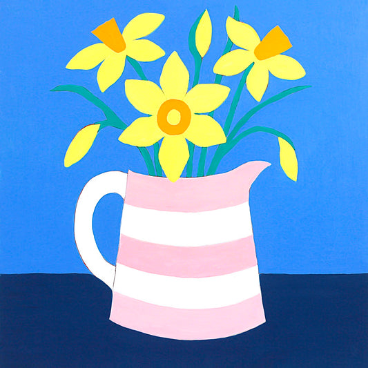 Daffs in a Pink and White Jug